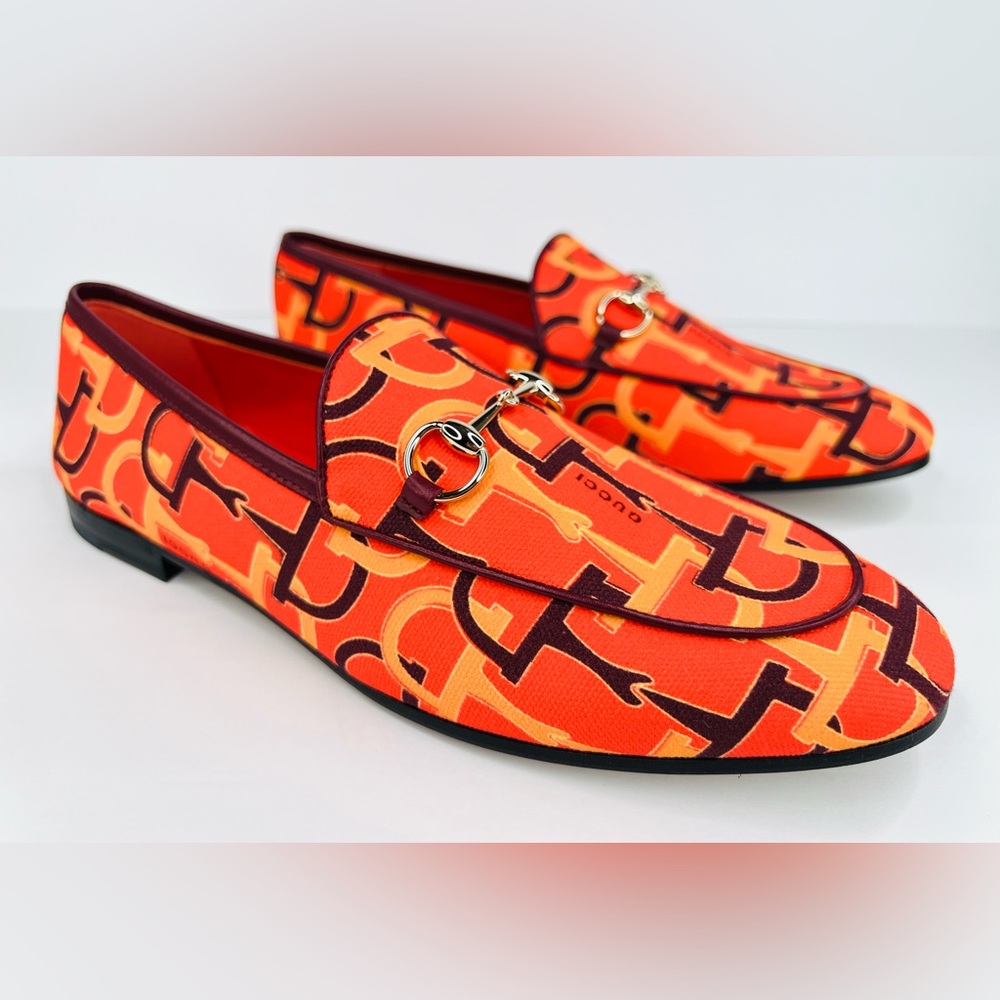 Gucci Jordaan Horsebit Logo Print Orange Fabric Flat Barbie Loafers Size EU 39.5
